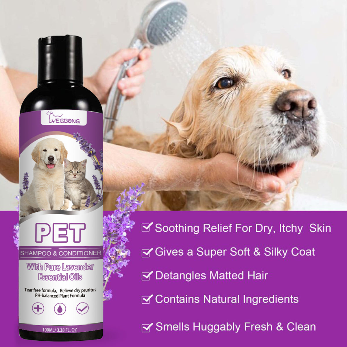 Yegbong Pet Shampoo, Pet Bath Relieves Skin Itchy, Hair Smooth Non-Knotting Shampoo